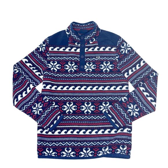 Vineyard Vines Fair Isle Print Snap Mock Neck Fleece Sweater Size Large (16)